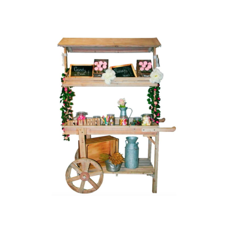 Location chariot candy bar en bois brut - Clauday Evénements